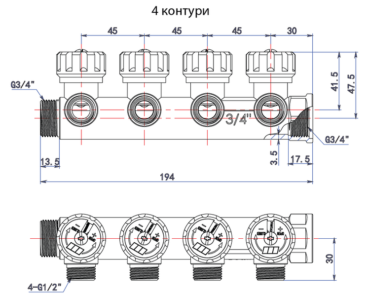 Распределительная гребенка для воды с регулирующими вентилями 4 контура 3/4'' на 3/4", латунь, Tervix Pro Line WD, коллектор 394012 394012 фото